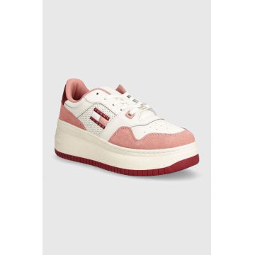 Tommy Jeans sneakers TJW RETRO BASKET FLATFORM MIX culoarea roz, EN0EN02654