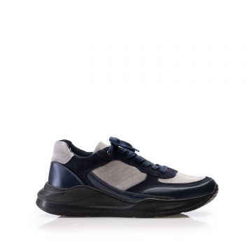 Pantofi sport barbati din piele naturala, Leofex - 672-1 Blue cu Gri Box Velur